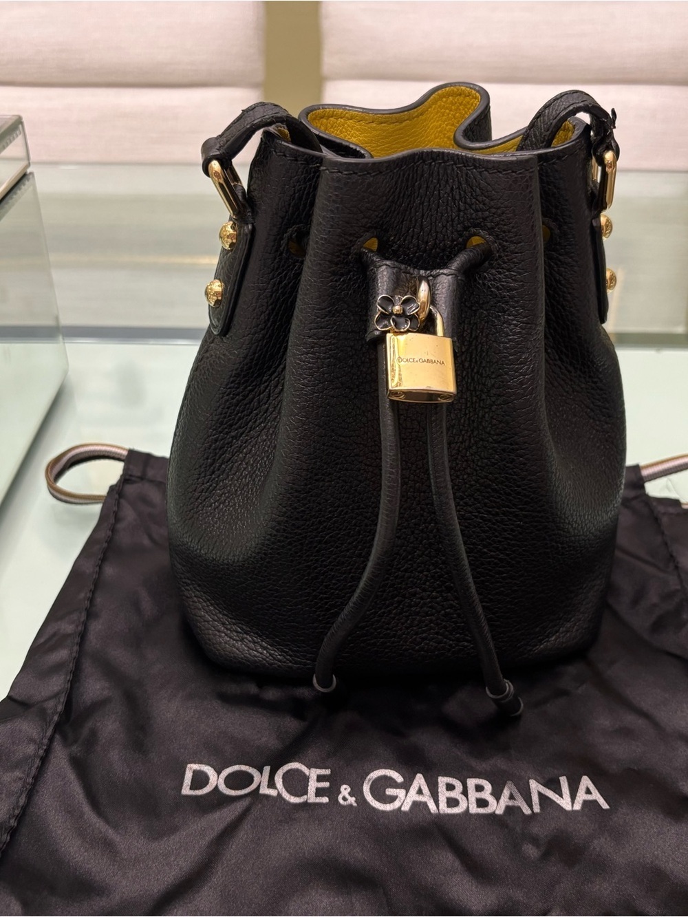 Authentic Dolce & Gabbana Black Leather Drawstring Bucket Bag with Gold Hardware